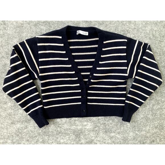 Zara cardigan crop top womens striped blue white sweater button up small - Picture 1 of 7